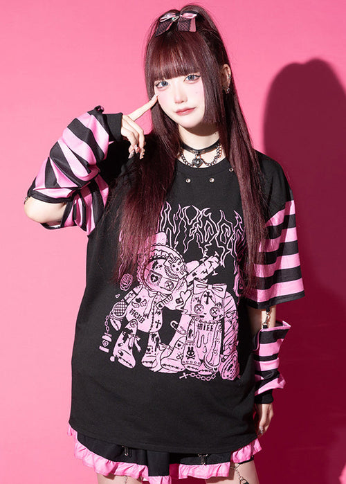 Bunny Dolls Punky Bunny Black Pink Long Sleeves Oversized Tee