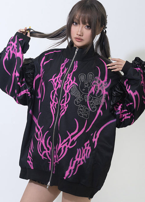 Nightmare Studded Bunny Ruffle Black Oversized Jacket