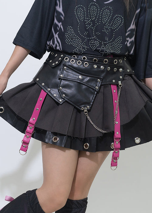 Nightmare Black Leather Pleated Skirt