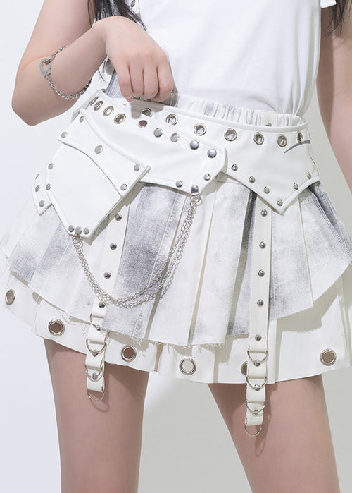 Nightmare White Leather Pleated Skirt