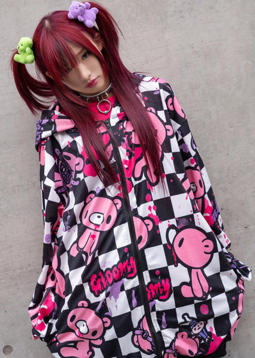 Gloomy Bear Checkered Gloomy Oversized Zip Up Hoodie