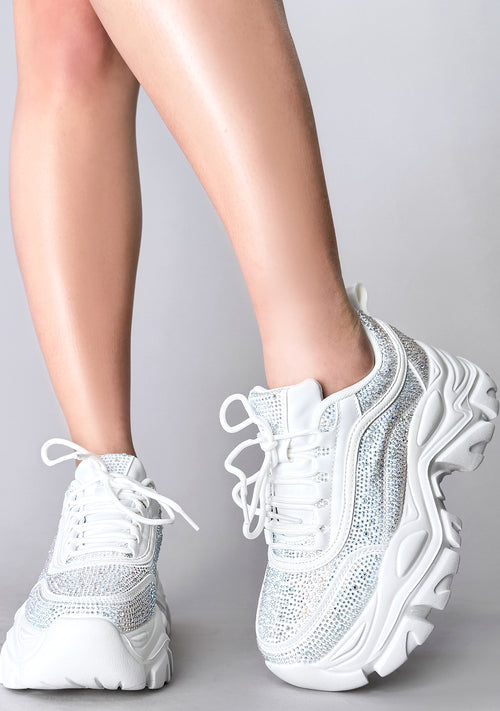 DALE Disco Diamond Rhinestone White Platform Sneakers