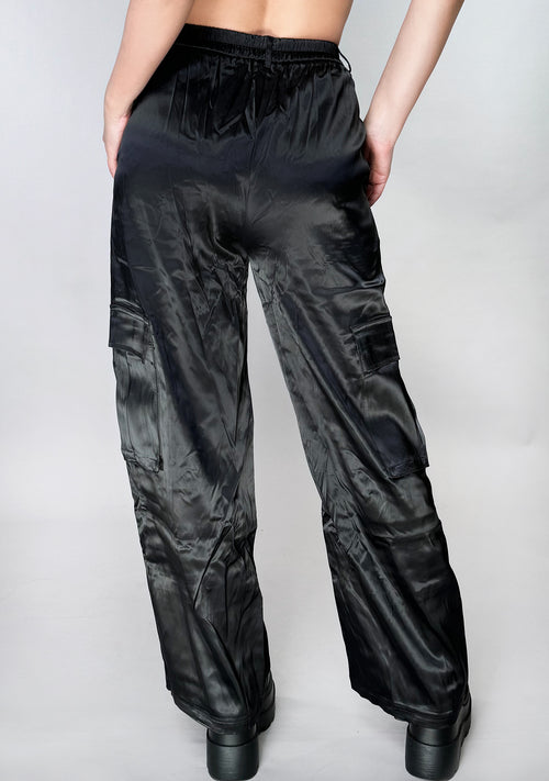 Night Beat Black Satin Cargo Pants