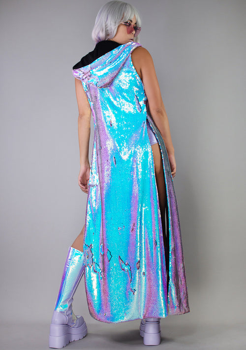 X LASR Exclusive Electric Azure Blue Iridescent Sequin Duster