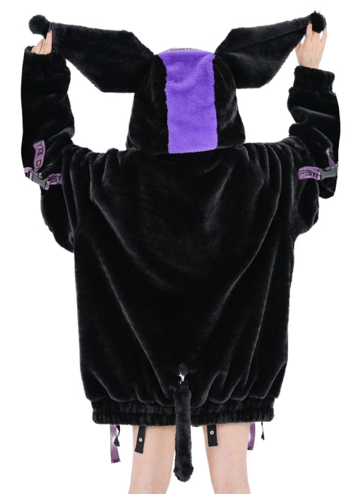 PSYNXX Cyberpunk Devil Ears Faux Fur Black Purple Oversized Jacket