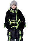PSYNXX Cyberpunk Tech Faux Fur Black Green Oversized Jacket