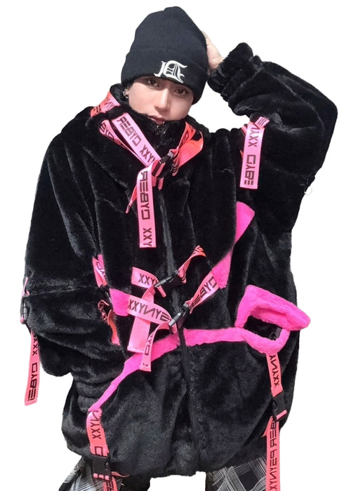 PSYNXX Cyberpunk Tech Faux Fur Black Pink Oversized Jacket