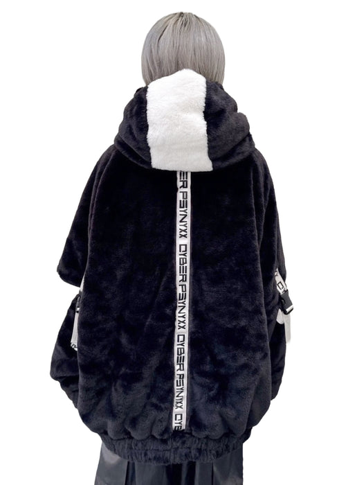 PSYNXX Cyberpunk Tech Faux Fur Black White Oversized Jacket