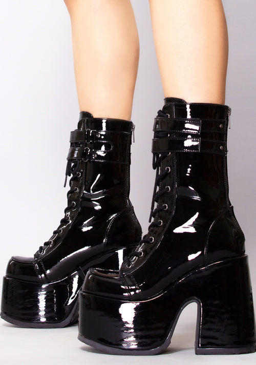 CAMEL 250 Hollywood Hellraiser Patent Black Platform Boots