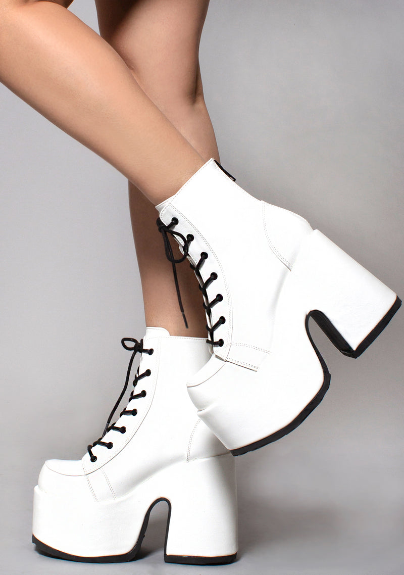 Demonia Camel Kush Platform Boots in White