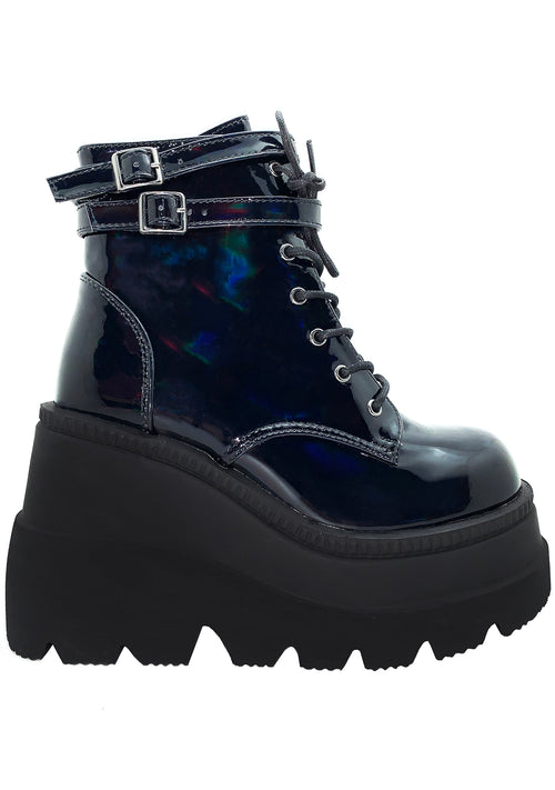 Demonia Shaker Hologram Platform Boots in Black