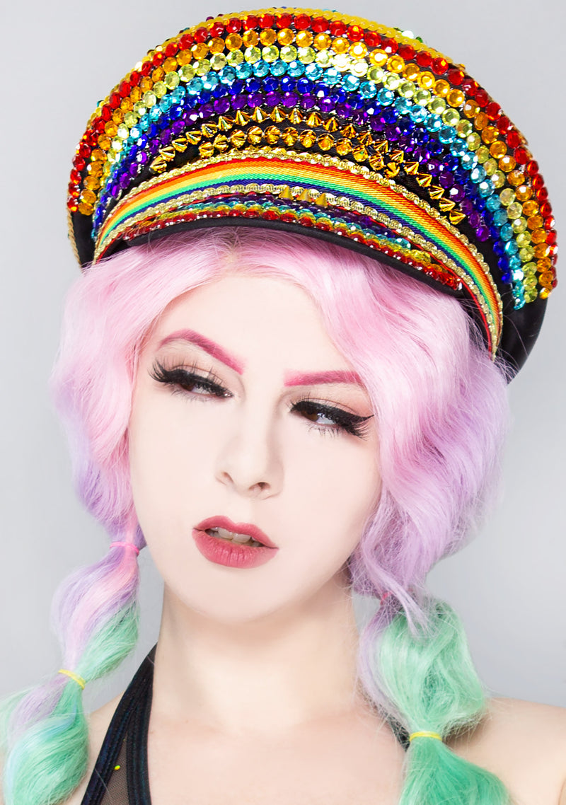 Rainbow Riot Rhinestone Captain Hat