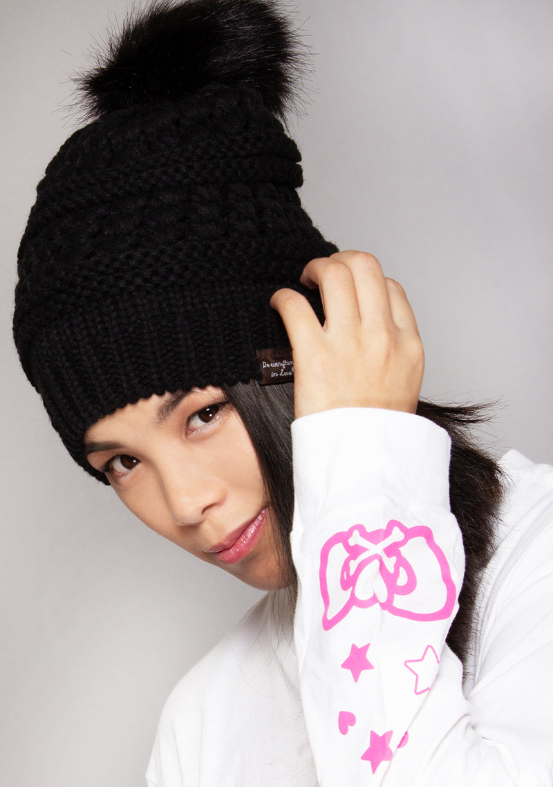 Pom Knit Beanie in Black