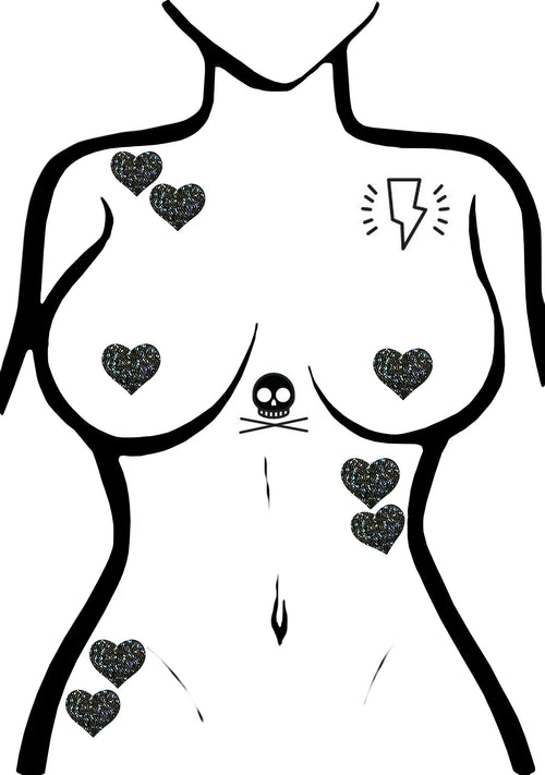 Pastease Body Minis Black Glitter Heart Nipple & Body Pasties 8PK Set