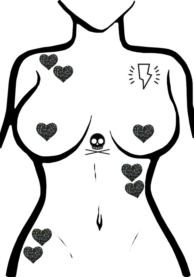 Pastease Body Minis Black Glitter Heart Nipple & Body Pasties 8PK Set