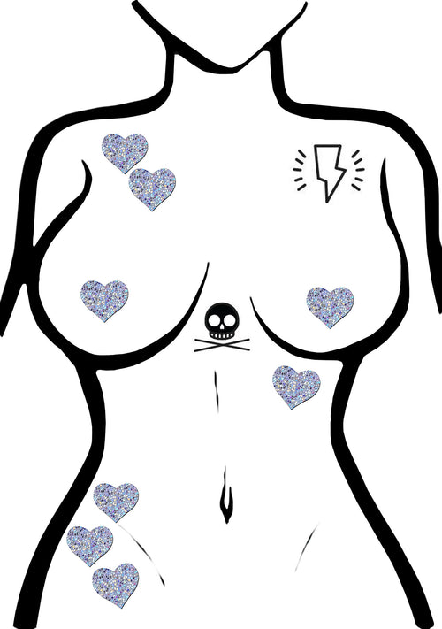 Pastease Body Minis Silver Glitter Heart Nipple & Body Pasties 8PK Set